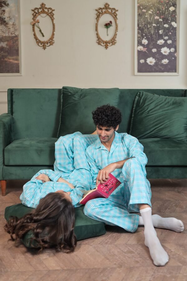 Sky blue Cambric Midnight  Printed PJ Set for Couple