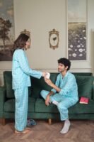 Sky blue Cambric Midnight  Printed PJ Set for Couple