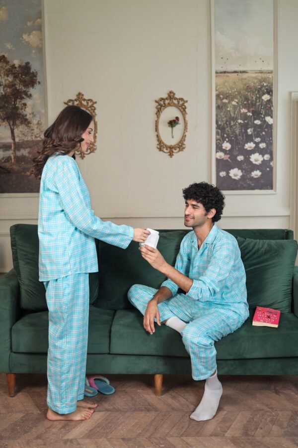 Sky blue Cambric Midnight  Printed PJ Set for Couple
