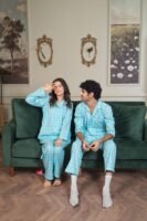 Sky blue Cambric Midnight  Printed PJ Set for Couple