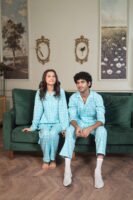 Sky blue Cambric Midnight  Printed PJ Set for Couple