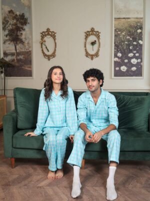 Sky blue Cambric Midnight  Printed PJ Set for Couple