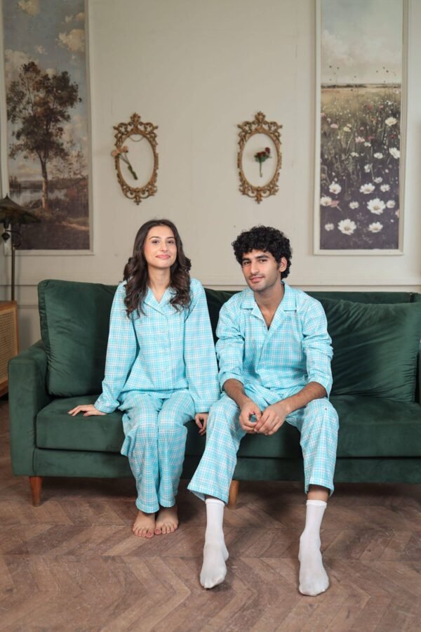 Sky blue Cambric Midnight  Printed PJ Set for Couple