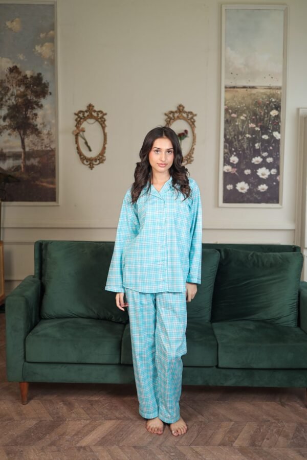 Sky Blue Cambric Midnight Check Printed PJ Set for Women