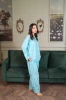Sky Blue Cambric Midnight Check Printed PJ Set for Women