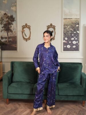 Royal Blue Cambric Sky Star Printed PJ Set for Women