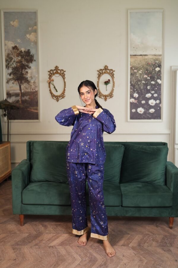 Royal Blue Cambric Sky Star Printed PJ Set for Women