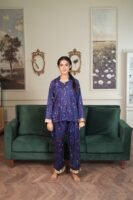 Royal Blue Cambric Sky Star Printed PJ Set for Women