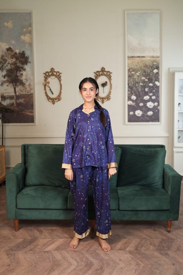 Royal Blue Cambric Sky Star Printed PJ Set for Women