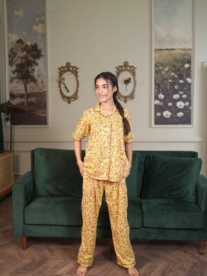 Yellow Cambric Hellow Kitty Printed PJ Set for Women