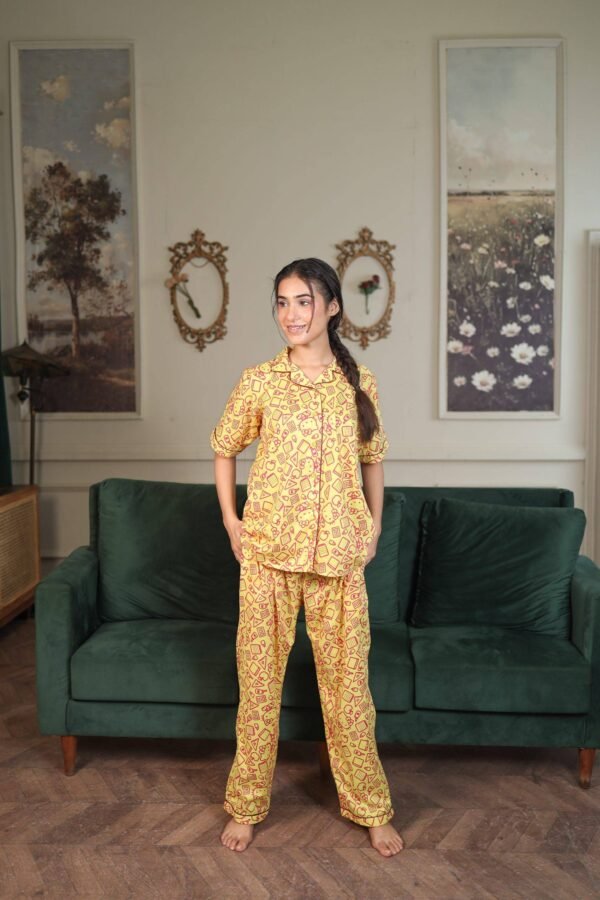 Yellow Cambric Hellow Kitty Printed PJ Set for Women