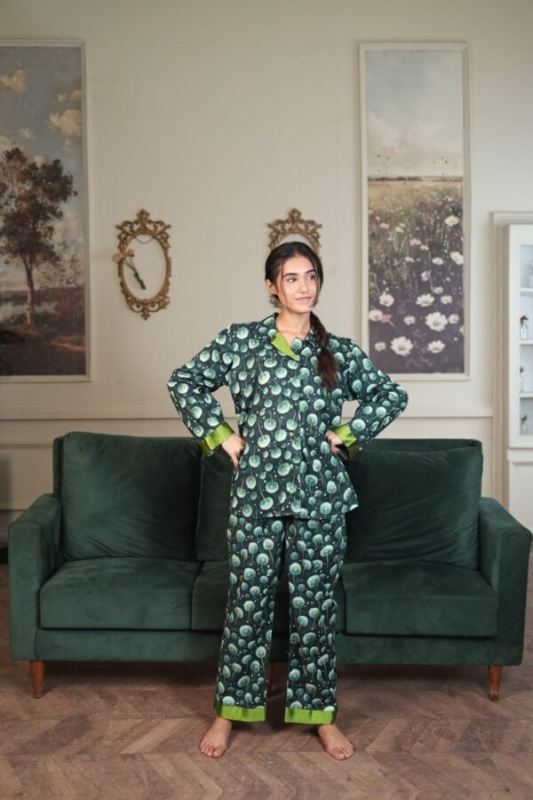Green Glow Cambric Printed PJ Set for Women