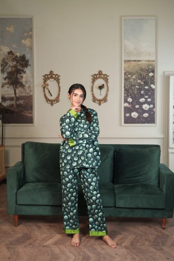 Green Glow Cambric Printed PJ Set for Women