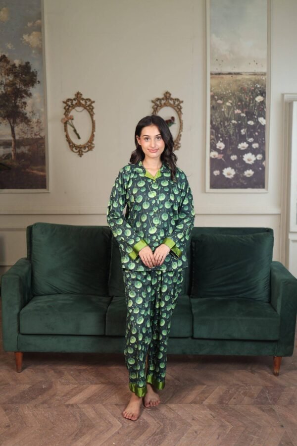 Green Glow Cambric Printed PJ Set for Women