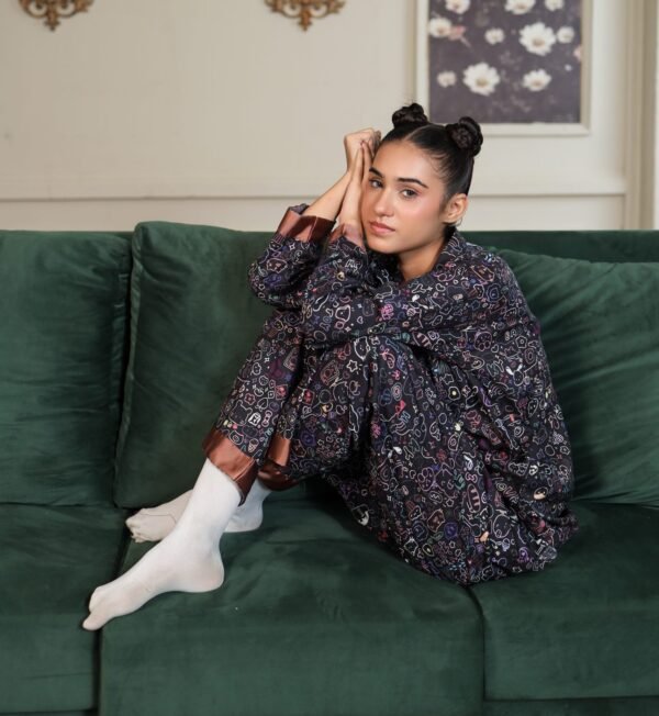 Black Cambric Bloom Printed PJ Set for Women