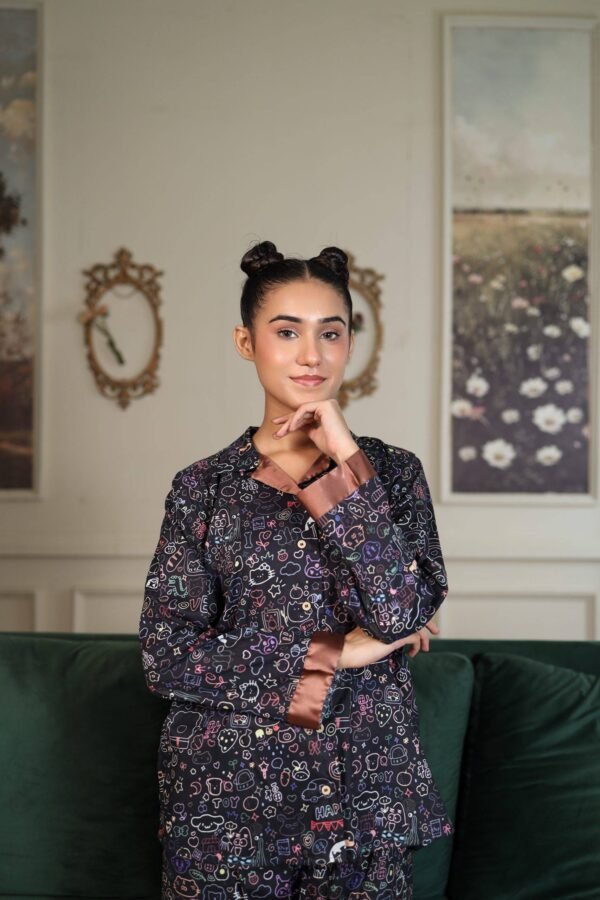 Black Cambric Bloom Printed PJ Set for Women