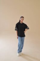 Unisex Drop Shoulder Never Give-up T-Shirt 100% Cotton, Black