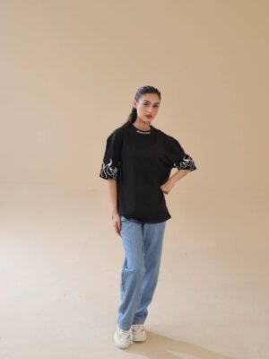 Unisex Drop Shoulder Never Give-up T-Shirt 100% Cotton, Black