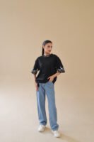 Unisex Drop Shoulder Never Give-up T-Shirt 100% Cotton, Black