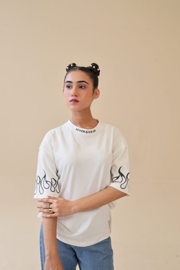 Unisex Drop Shoulder Never Give-up T-Shirt 100% Cotton, White