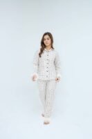 Luxury Creamy White Cotton Check Printed PJ Set for Women