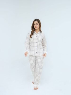 Luxury Creamy White Cotton Check Printed PJ Set for Women