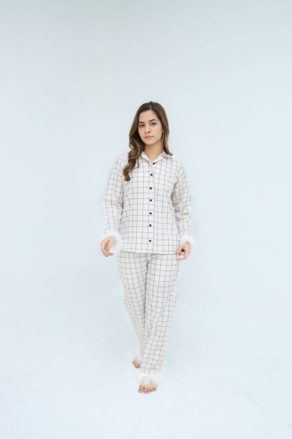 Luxury Creamy White Cotton Check Printed PJ Set for Women