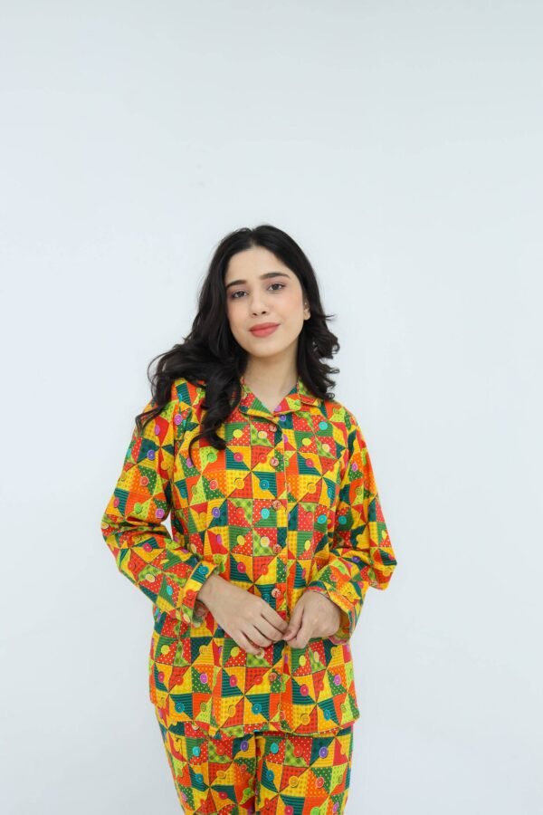Multicolor Soft Cotton button box Printed PJ Set for Women