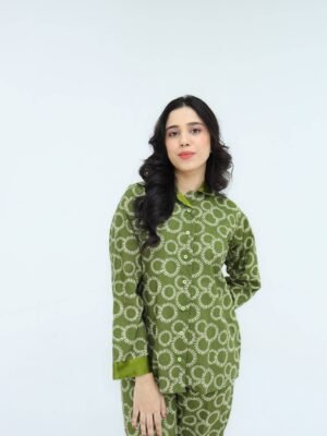 Green Winter Cotton Circle Printed PJ Set for Women