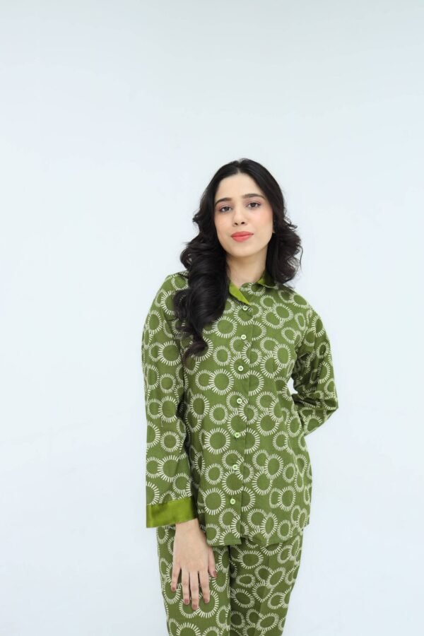 Green Winter Cotton Circle Printed PJ Set for Women
