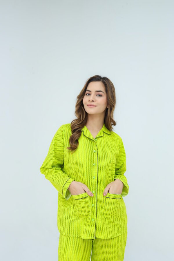 Lime Green Cotton Polka Dot Printed PJ Set for Women