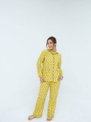 Yellow Winter Cotton Bee Printed PJ Set for Women