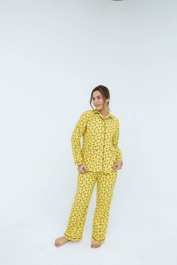 Yellow Winter Cotton Bee Printed PJ Set for Women