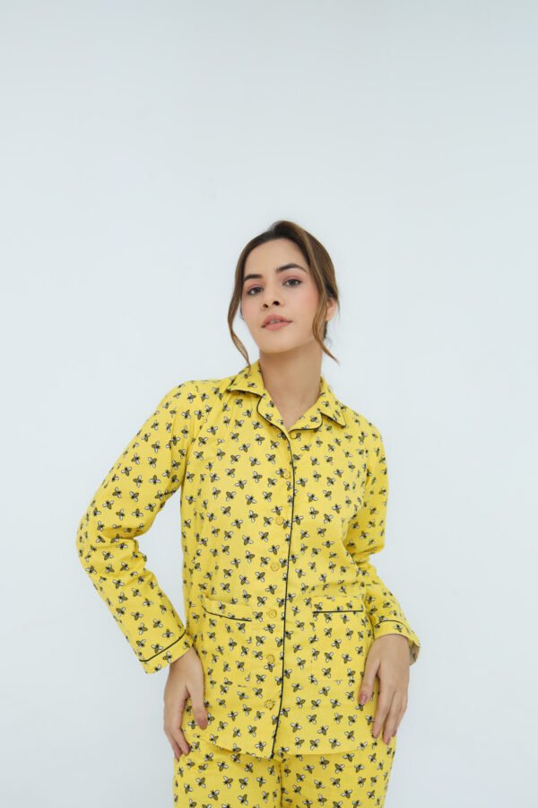 Yellow Winter Cotton Bee Printed PJ Set for Women