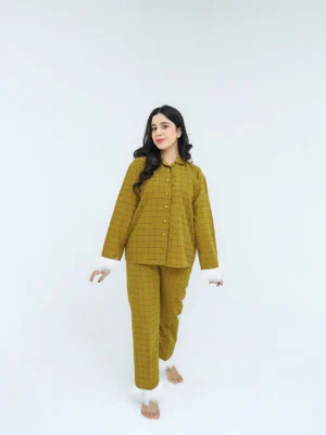 Luxury Mustard Cotton Check Printed Pj Set For Women