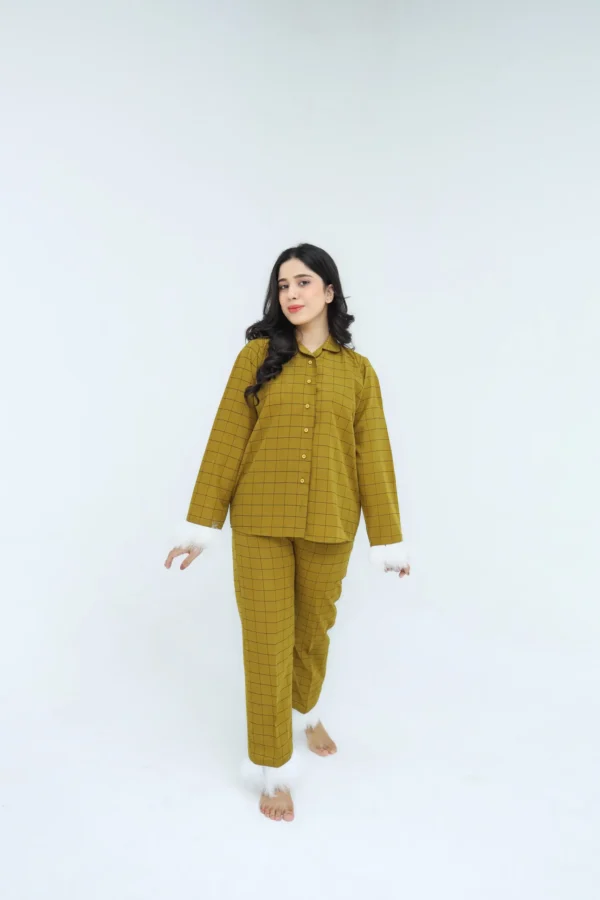 Luxury Mustard Cotton Check Printed Pj Set For Women