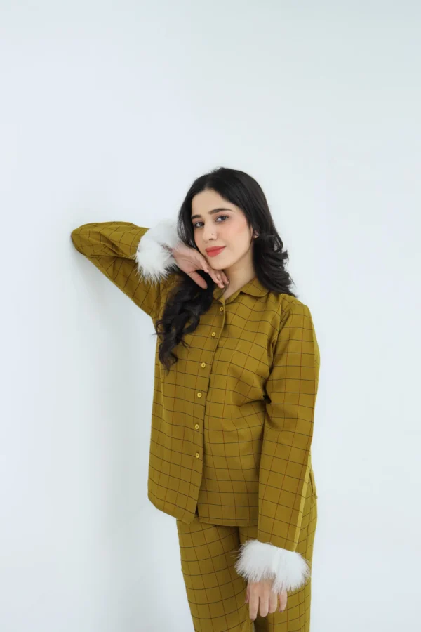 Luxury Mustard Cotton Check Printed Pj Set For Women