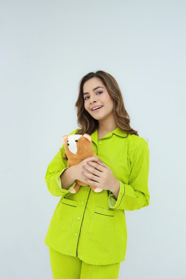 Lime Green Cotton Polka Dot Printed PJ Set for Women