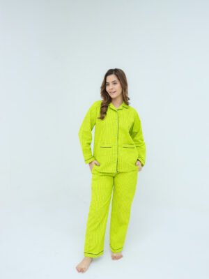 Lime Green Cotton Polka Dot Printed PJ Set for Women