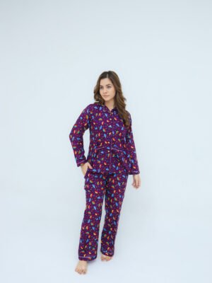 Deep Purple Winter Cotton Umbrella Printed PJ Set for Women