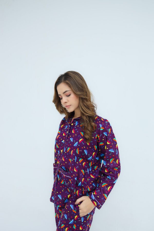 Deep Purple Winter Cotton Umbrella Printed PJ Set for Women