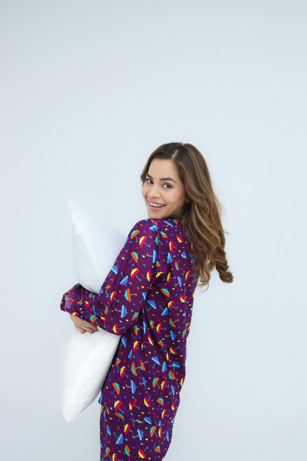 Deep Purple Winter Cotton Umbrella Printed PJ Set for Women