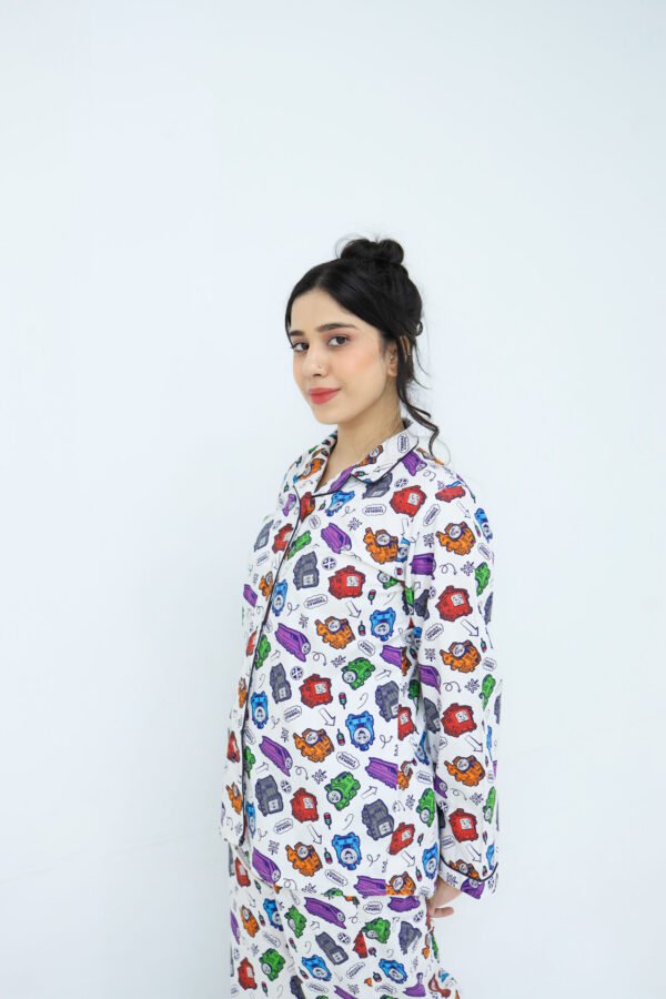 White Winter Cotton Toy Train Printed PJ Set for Women