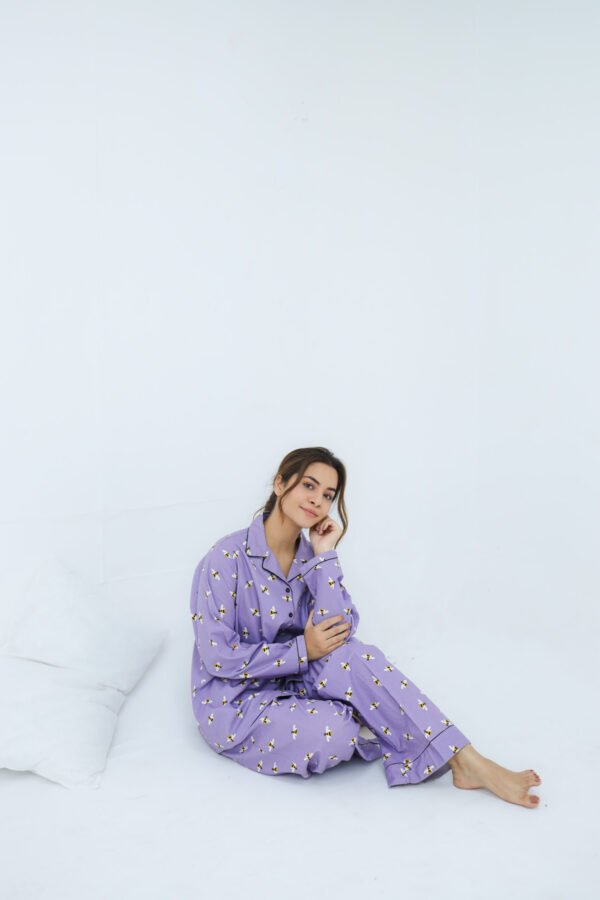 Lite Purple Winter Cotton Bee Printed PJ Set for Women