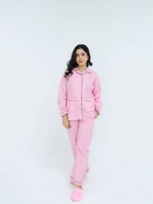 Baby Pink Cotton Lattic Printed PJ Set for Women