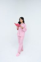Baby Pink Cotton Lattic Printed PJ Set for Women