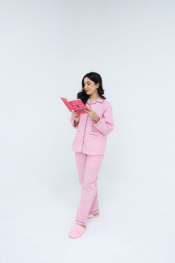 Baby Pink Cotton Lattic Printed PJ Set for Women