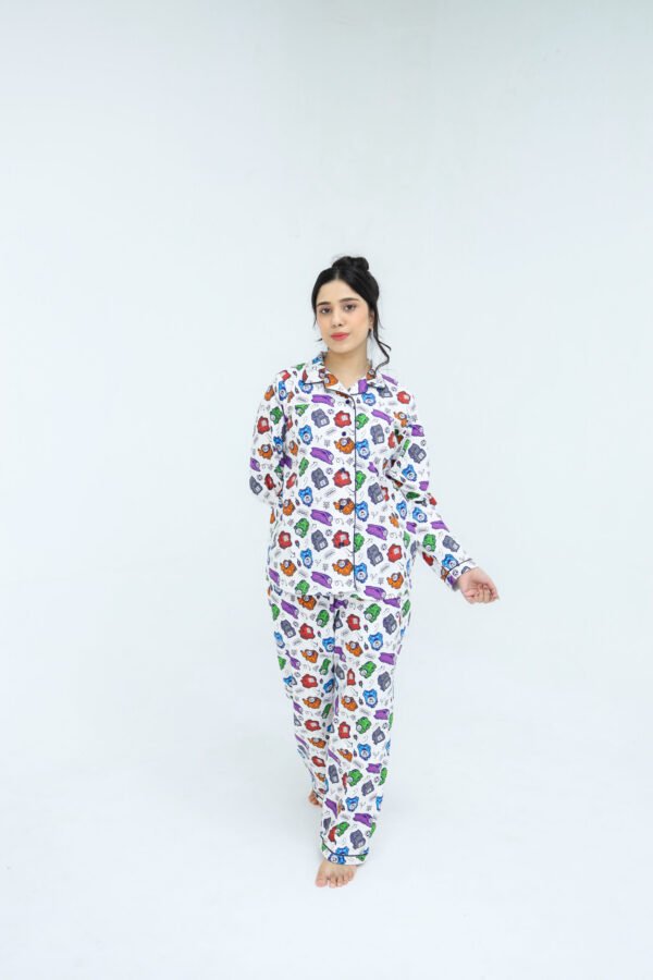 White Winter Cotton Toy Train Printed PJ Set for Women