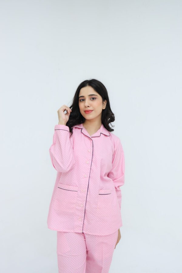 Baby Pink Cotton Lattic Printed PJ Set for Women