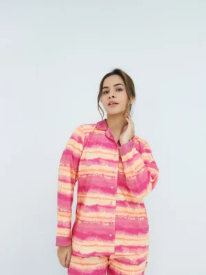 Pinky Winter Cotton Peach Sky Printed Pj Set For Women